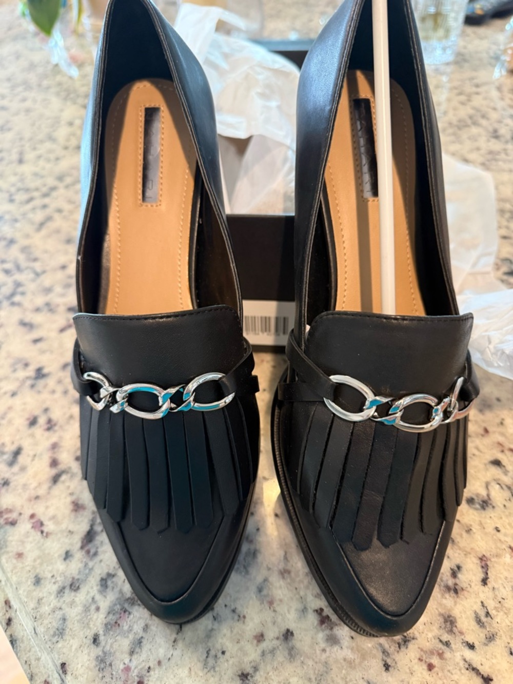 Tahari Black Fringe Loafers with Silver Chain Accent